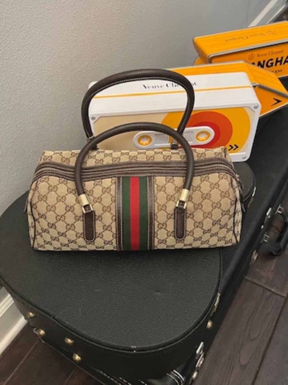 Vintage Gucci GG Canvas Sherry Web East West Boston Barrel Bag - Entrupy Auth